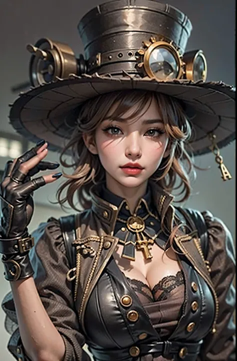 mrs. alafeld – steampunk costume and hat pose, steampunk beautiful anime woman, lady in steampunk hat showing off her nails, in ...