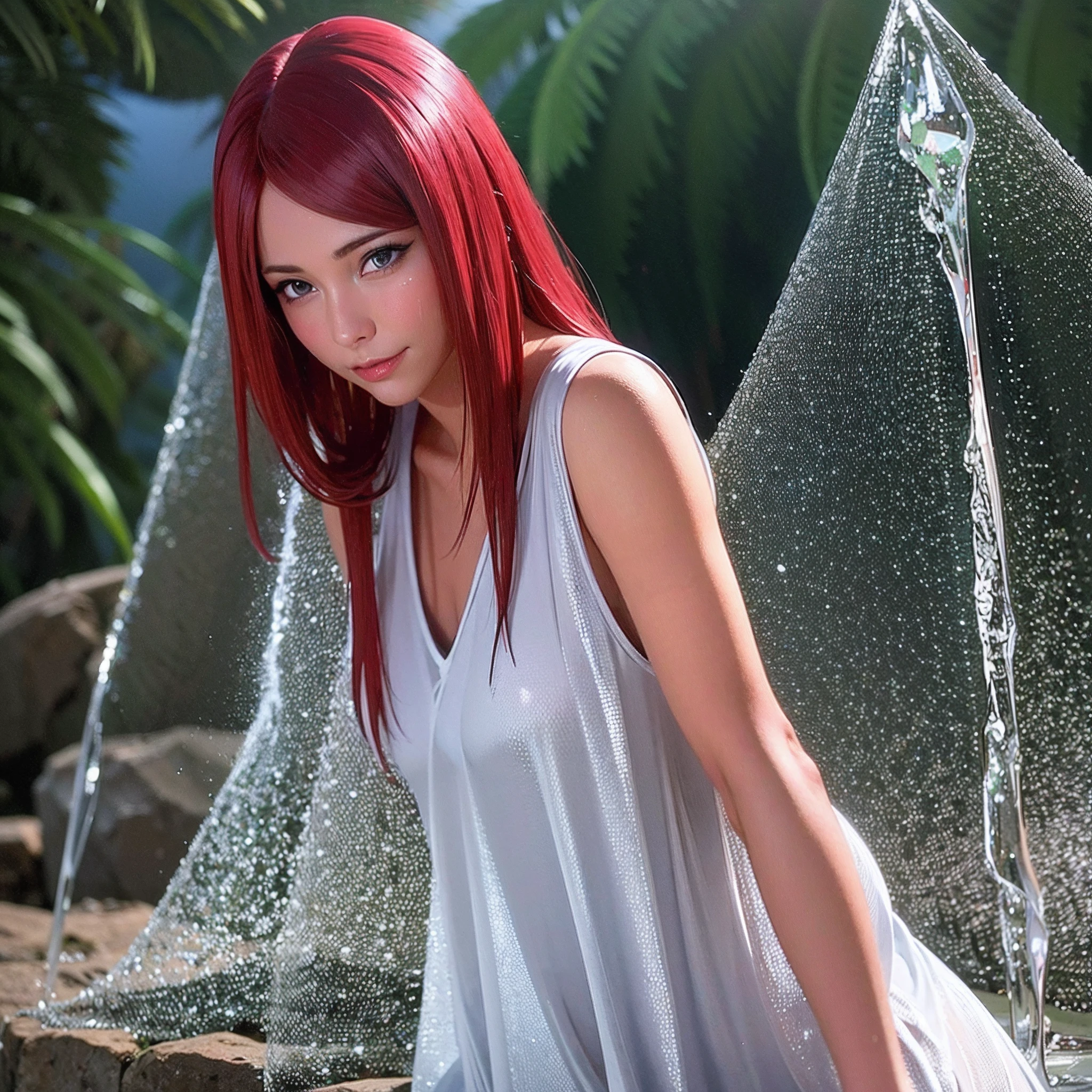 uzumaki_Kushina, Kushina_vert_robe, cheveux roux, une femme dans une chemise de nuit blanche transparente, gros seins, les mains sur les seins, groupe, Haute qualité, Pose magnifique, heure, dribble, Coachella, Floride, flux, f4 visage parfait, Yeux symétriques, corps parfait, très détaillé skin, pyramide, Hanches larges, oasis, cheveux noirs, regarder le spectateur, point de vue, sourire, heureux, photographie professionnelle, 8k, photo brute, Meilleure qualité, chef-d&#39;œuvre, photo-réaliste, très détaillé, Éclairage cinématographique, netteté, Reflex numérique, haute résolution, Photoréaliste, peau mouillée, goutte d'eau qui coule, peau luisante, taille: 512x768, Modèle hash: 623f0546d5, Modèle: SenzusMix, Version: V1.5.1```