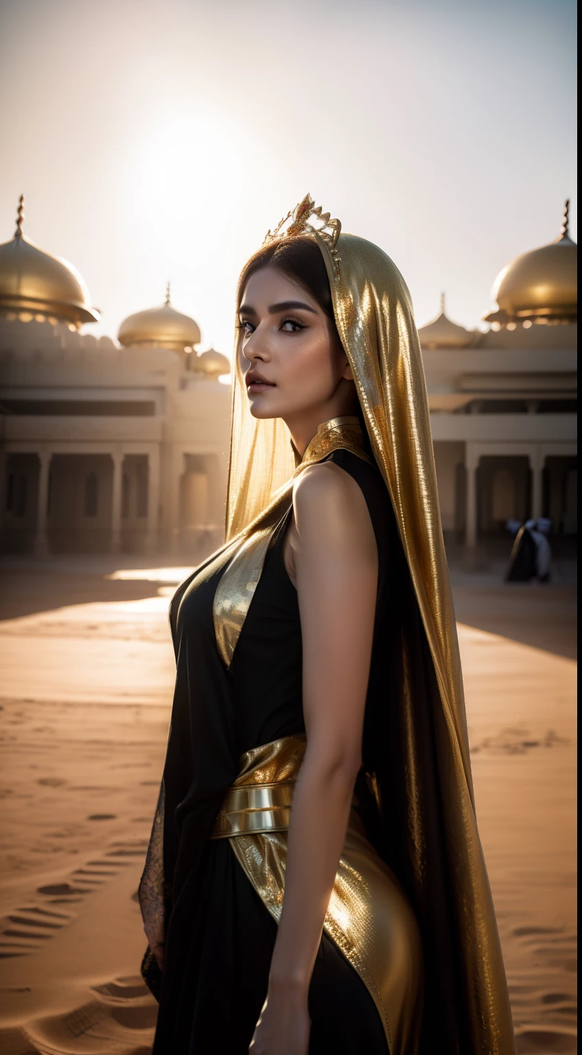 photore (arabian princess:1.5) Stand on a background in full palatial outfit (Cyberpunk desert:1.3), (Exotic royal palace:1.5) and (Sunset sky:1.2). Wearing a complex headscarf, Long vest，Gold embroidery and jewelry, Detailed face and eyes, (Highly detailed:1.4), 8K, Photorealistic, (Long dark brown hair:1.2), (Young woman:1.1), author：Jeremy Mann, by Sandra Chevrier, author：Maciej Kuciara, (shadows  and highlights:1.3), Real Shadow, 。.3D, (Golden hour lighting:1.3), (author：Michelangelo:0.9), Art stands and deviant art, Greg Rutkowski and Alphonse Mucha