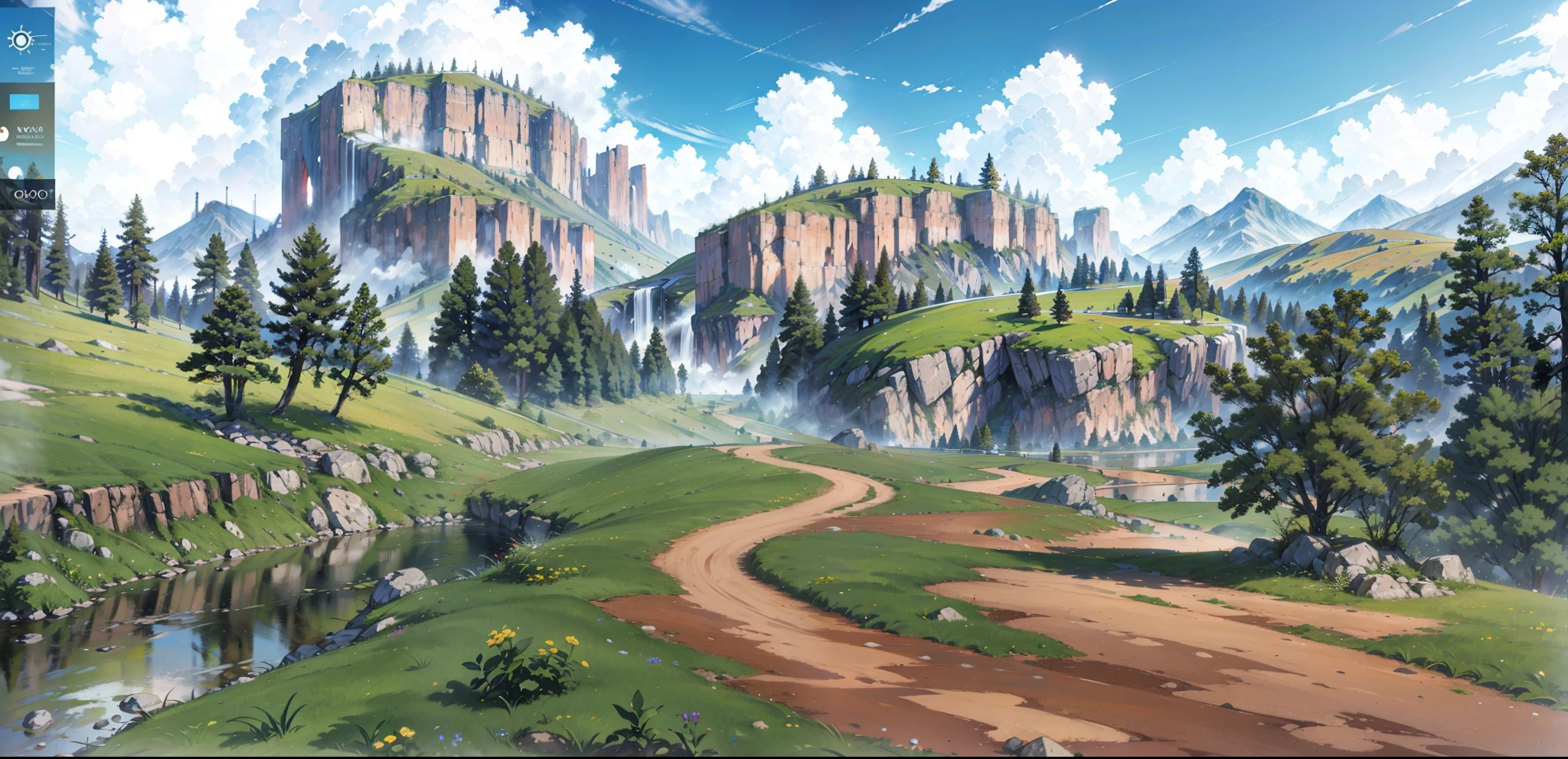 Primer plano de colinas y caminos de tierra., terreno montañoso, ambiente rocoso, Captura de pantalla de juego ultra ancha, mountainous setting, campo de hierba, Árboles y acantilados detallados, Ciudad cueva, <escena mmorpg, videocaptura de pantalla del juego, colinas rocosas, vista panorámica detallada, captura de pantalla del juego, foto detallada del mundo virtual, terreno muy detallado, entorno de juego, llanuras de fantasía