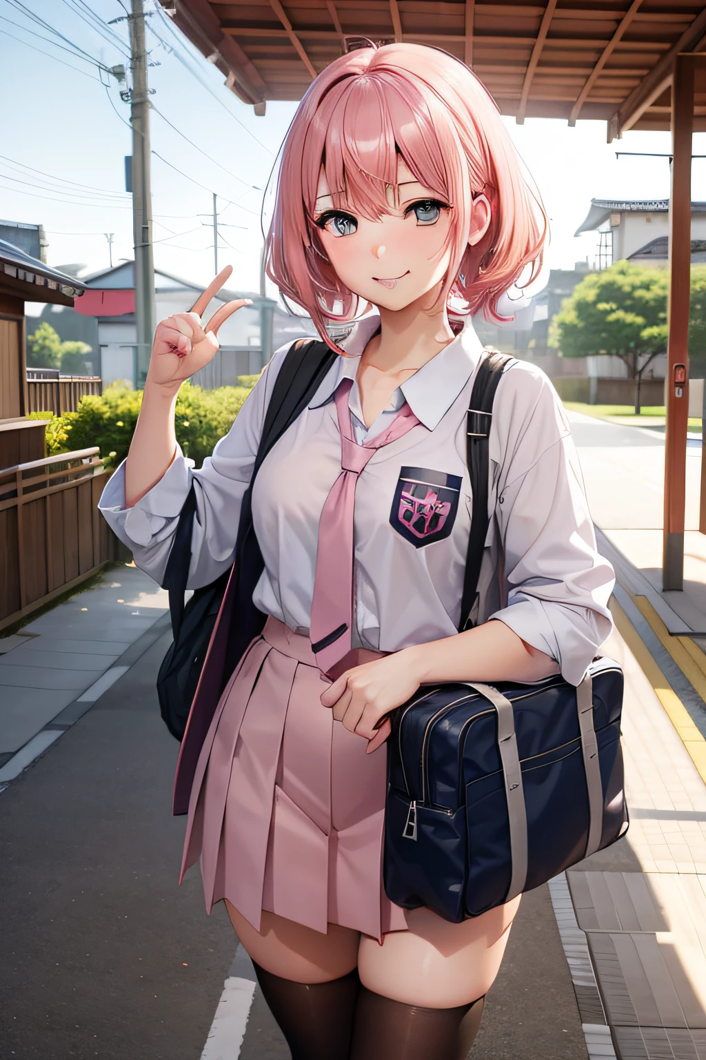 Anime girl in school uniform with pink hair and a black bag - SeaArt AI