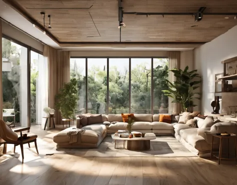 Huge comfortable living room and view of kitchen with island, (((Best quality))), (((Ultra detailed))), (((Masterpiece))), Large wooden windows with natural light, Beige sofa, Wooden table, Vase plants, modern minimalistic design, Ultra photo realsisim, Ma...