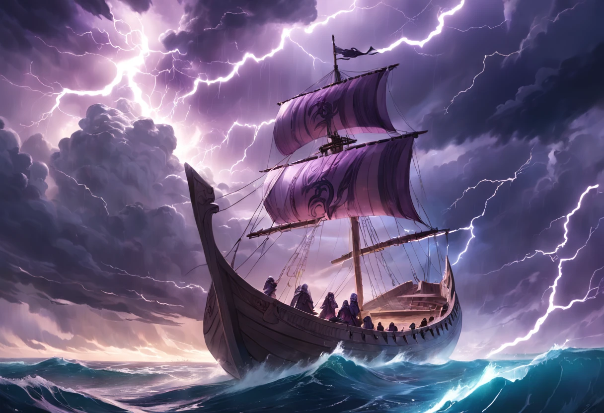 "(This is a cinematic masterpiece with the best quality. It features a breathtaking daytime scene with a clear blue sky and dramatic storm clouds. The sky is illuminated by majestic purple lightning, and emerging from the storm clouds is a floating Norse longboat.)"