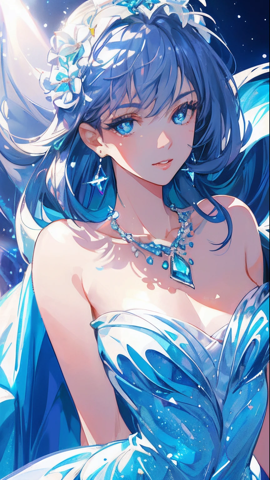 masterpiece, best quality, illustration, sax blue, platinum earrings, platinum necklace, white dress, 1girl, cute, (dynamic lighting:1.2), cinematic lighting, delicate facial features, detailed eyes, sharp pupils, realistic pupils, depth of field, bokeh, sharp focus, (hyper-detailed, bloom, glow:1.4), many small gems