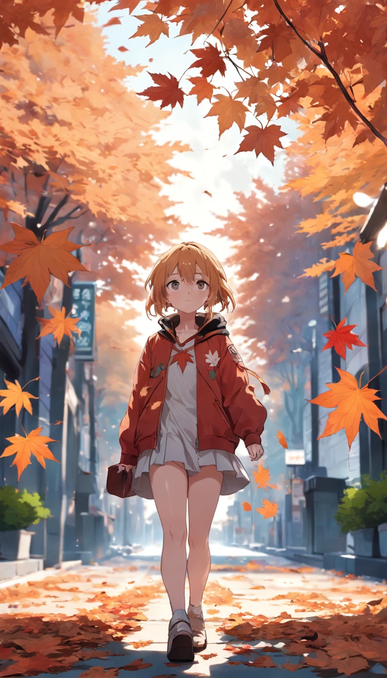 Anime girl walking down a street in the fall with leaves falling down -  SeaArt AI