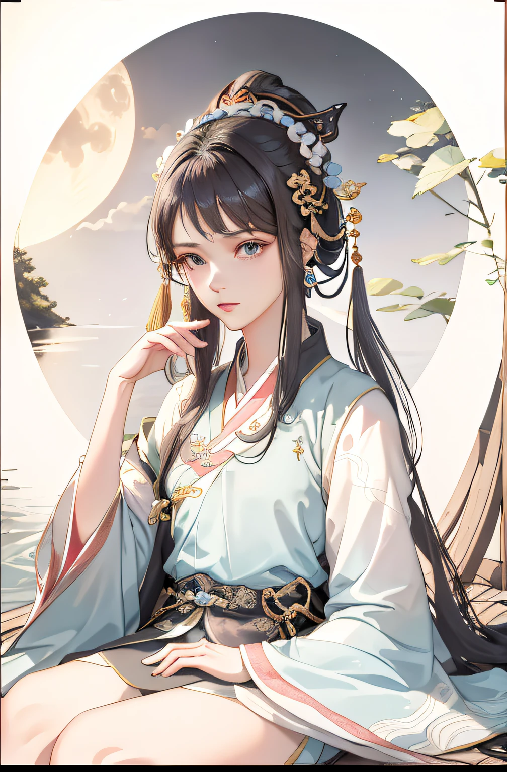 Havia uma mulher sentada no barco，O fundo é a lua cheia, Palácio ， uma garota em hanfu, Arte em estilo Guviz, por Yang J, Guviz, linda pintura de personagem, inspirado em Du Qiong, tendências no cgstation, Hanfu, uma linda imperatriz de fantasia, inspirado em Wu Bin, com roupas chinesas antigas