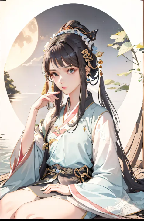 There was a woman sitting on the boat，The background is the full moon, Palace ， A girl in Hanfu, Guviz-style artwork, by Yang J,...