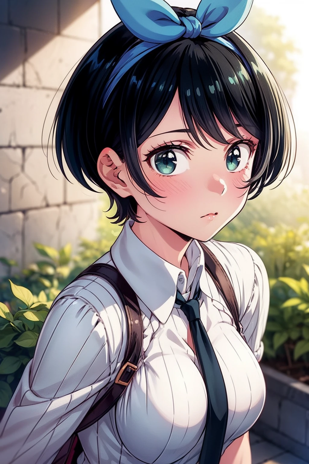 (masterpiece, best quality, ultra-detailed), 1girl, RukaSarashina, black hair, short hair, green eyes, looking at viewer, upper body,portrait shot, (neckline), medium breasts