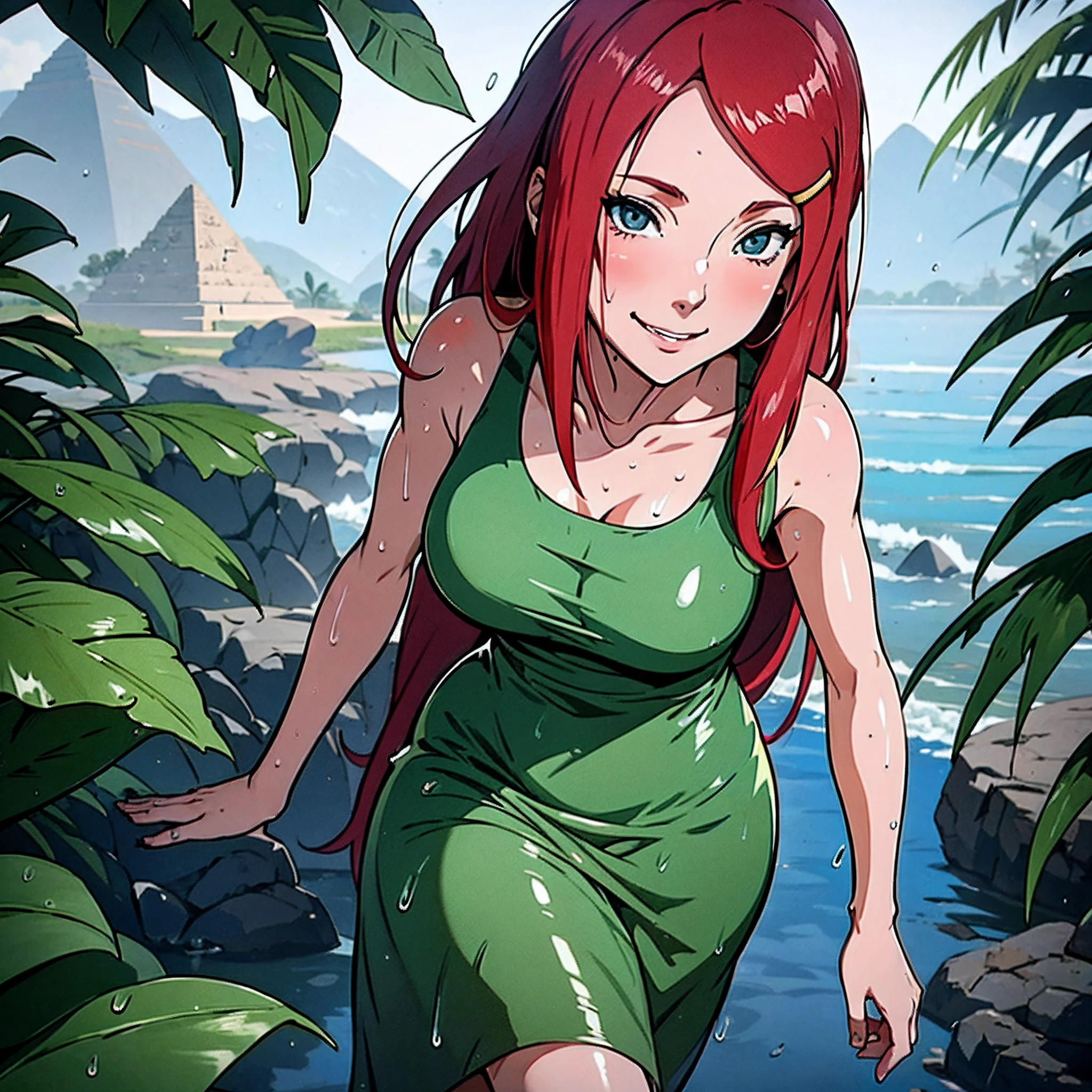 uzumaki_kushina, kushina_verde_vestir, cabelo vermelho, seios grandes, mãos sobre os seios, grupo, alta qualidade, Linda pose, horas, driblar, coachella, Flórida, fluxo, f4rosto perfeito, olhos simétricos, corpo perfeito, Altamente detalhado skin, corpo todo, em pé, esperando com ansiedade, pirâmide, quadris largos, Oásis, olhando para o espectador, ponto de vista, sorriso, feliz, fotografia profissional, 8K, Foto CRU, melhor qualidade, obra de arte, foto-realista, Altamente detalhado, iluminação cinematográfica, foco nitído, DSLR, Alta resolução, fotorrealista, pele molhada, água pingando, pele brilhante, Tamanho: 512x768, modelo hash: 623f0546d5, modelo: SenzusMix, versão: v1.5.1```