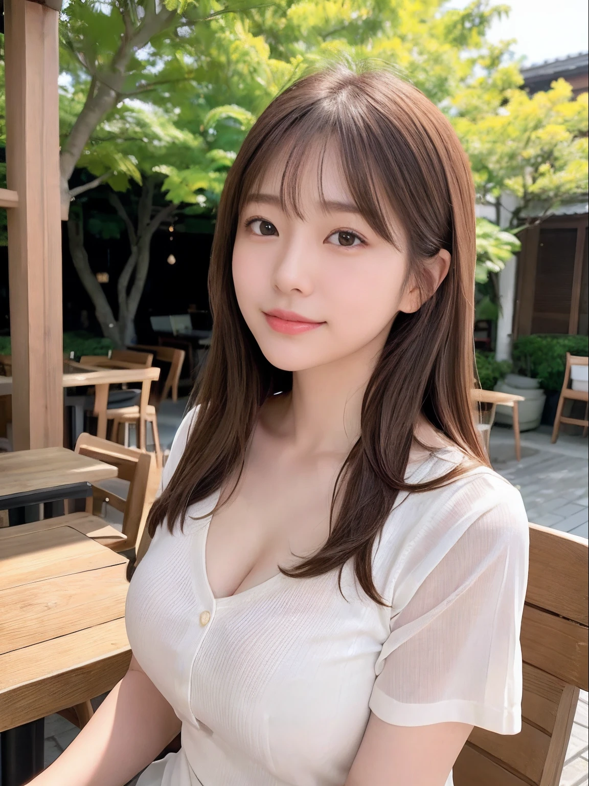 masutepiece、Supreme Beauty、Beautifully shaped breasts、​masterpiece, 1 rapariga, 独奏、Thin white shirt、detail, depth of fields, 135 mm, Textured skin, Super Detail, High quality, awardwinning, Best Quality, hight resolution, 8K, de pele branca,Koi brown hair、Random hair、cute  face、Gentle smile、Adult beauties、25-years old、1 person per Japan、Top image quality、Ultra-high resolution、8K、Bright sunshine、Delicate Photos、Unwind in a café、Realistic background