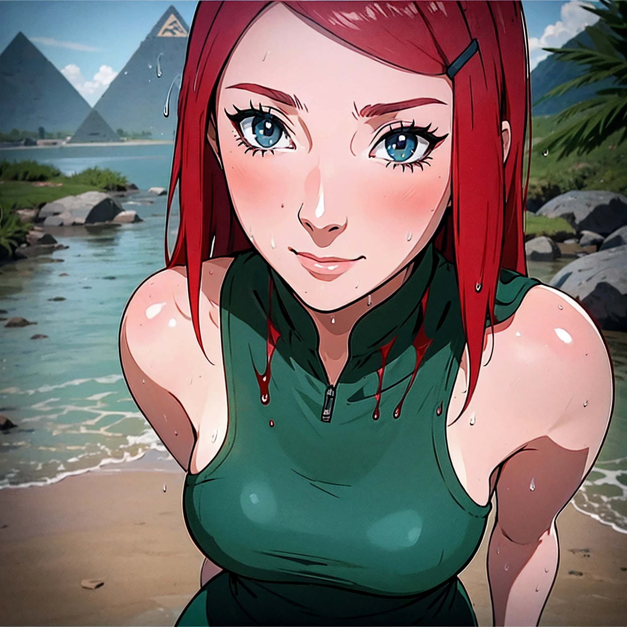 uzumaki_kushina, kushina_verde_vestir, cabelo vermelho, seios grandes, mãos sobre os seios, grupo, alta qualidade, Linda pose, horas, driblar, coachella, Flórida, fluxo, f4rosto perfeito, olhos simétricos, corpo perfeito, Altamente detalhado skin, Sozinho, corpo todo, em pé ereto, esperando com ansiedade, pirâmide, quadris largos, Oásis, olhando para o espectador, ponto de vista, sorriso, feliz, Fotografia profissional, 8K, Foto CRU, melhor qualidade, obra de arte, foto-realista, Altamente detalhado, iluminação cinematográfica, foco nitído, DSLR, Alta resolução, fotorrealista, pele molhada, água pingando, pele brilhante, Tamanho: 512x768, modelo hash: 623f0546d5, modelo: SenzusMix, versão: v1.5.1```