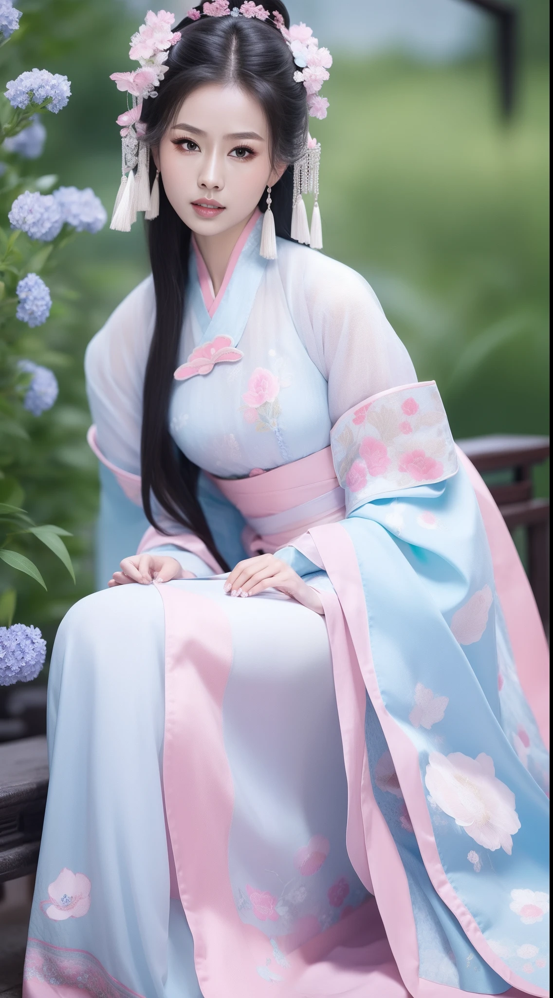 Ancient Chinese clothing，white apparel，The costume is a pink floral pattern，ancient china art style，Fashion model 18 years old [[[[closeup cleavage]]]], [[[[boobgasm]]]], [[[[coll]]]], [[[[bshoulders]]]], perfect  eyes, Perfect iris，Perfect lips，perfect teeth，Perfect skin，with fair skin，Soft front light，hdr，Movie girl，long whitr hair，The expression was melancholy，The background is outdoors，Light blue flowers，4K Ultra HD, 超高分辨率, (Photorealistic: 1.4), Best quality，Masterpiece，Utra dilution，（pastel colour：1.2）