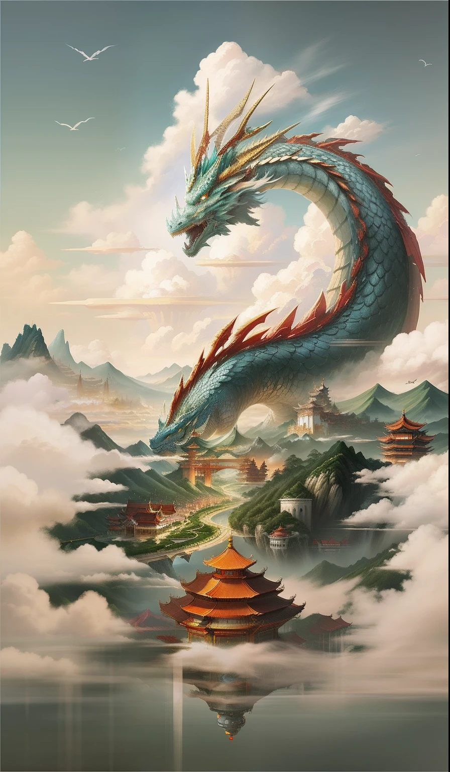 Close-up of a painting of a dragon flying over the city, Chinese fantasy, chinese dragon concept art, a dragon made of clouds, Chinese mythology, chinese surrealism, dreamland of chinese, giant dragon flying in the sky, highly detailed fantasy art, xianxia fantasy, cloud in the shape of a dragon, dragons flying in the sky