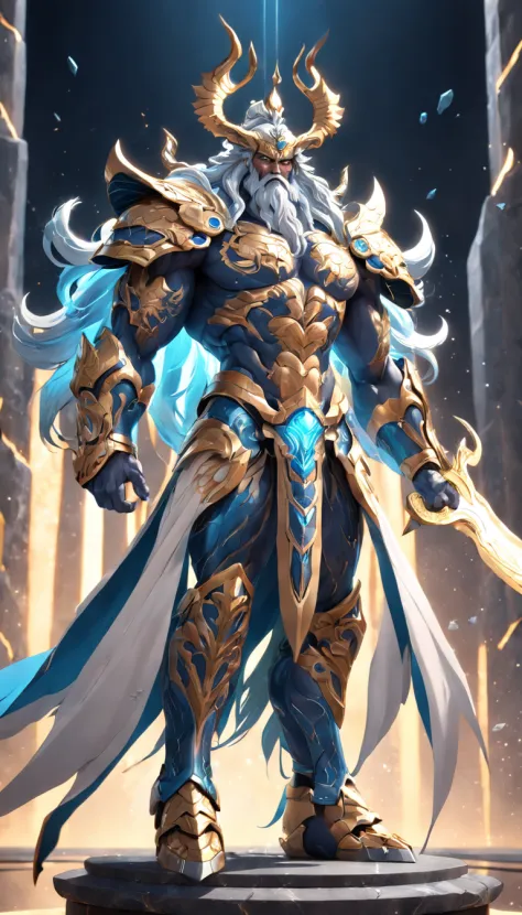 "3D humanoid Zeus Gemini warrior with intricate armor and powerful stance."