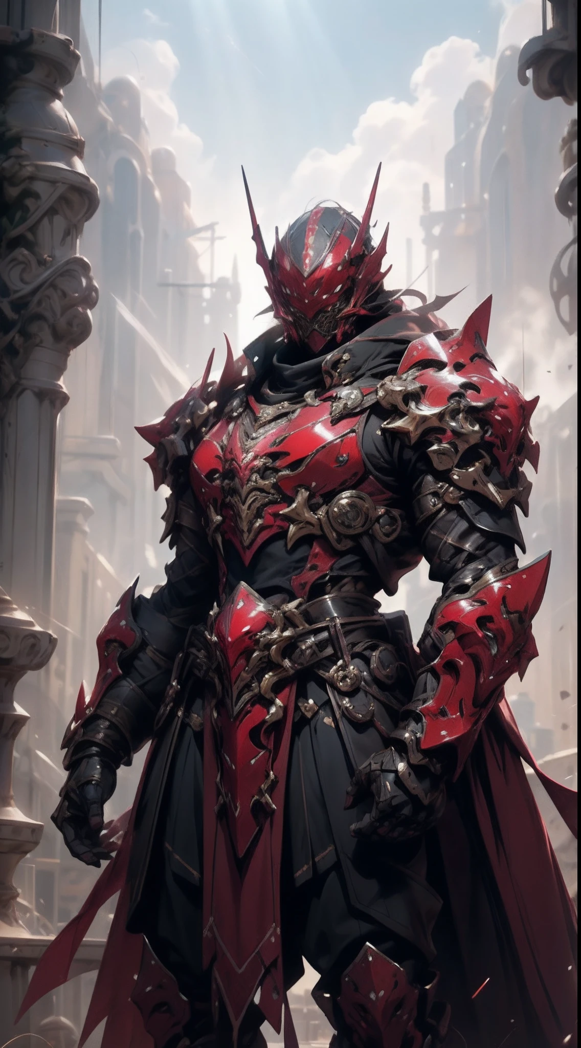 A man wearing a full-face helmet that covers most of his face, adorned in a biomimetic fantasy-style armor, the predominant black color is accented with red textures in the design this character embodies a finely crafted fantasy-style armored warrior design in anime, ((character concept art)), high definition, best quality, ultra-detailed, extremely delicate, anatomically correct, symmetrical face, extremely detailed eyes and face, high quality eyes, creativity, RAW photo, UHD, 16k, (Natural light, cinematic lighting, masterpiece:1.5)