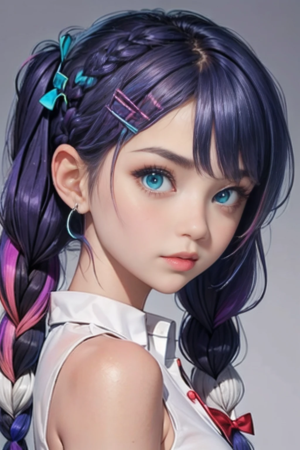 1girl, solo, (portrait), (from side), (twintail), bangs, twin braids, multicolored hair, multiple braids, (purple hair), collared shirt, ((white shirt)), sleeveless, black pencil skirt, aqua eyes, hair bow, aqua bowtie, ribbon, hairclip, bracelet, jewelry, bare shoulders, skinny, shiny skin, oily skin, cute face, pretty face, masterpiece, best quality, grey background,