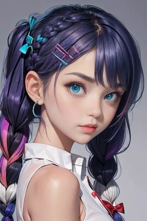 1girl, solo, (portrait), (from side), (twintail), bangs, twin braids, multicolored hair, multiple braids, (purple hair), collare...