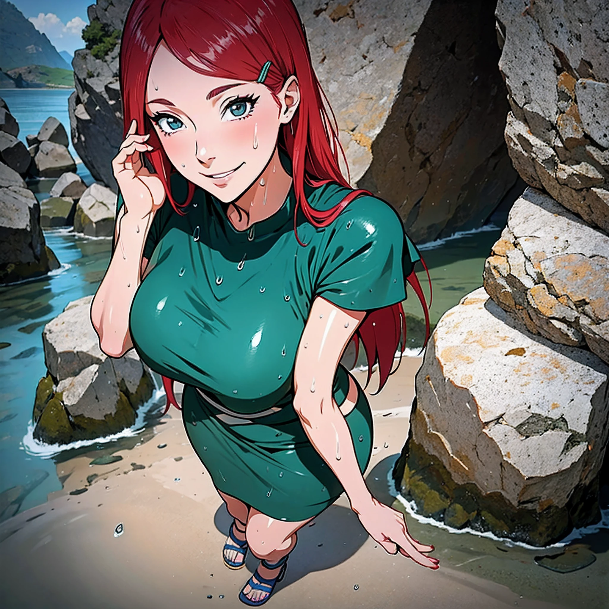 uzumaki_Kushina, Kushina_vert_robe, cheveux roux, gros seins, les mains sur les seins, groupe, Haute qualité, Pose magnifique, heure, dribble, Coachella, Floride, flux, f4 visage parfait, Yeux symétriques, corps parfait, très détaillé skin, seulement, tout le corps, Se tenir droit, dans l'attente, pyramide, Hanches larges, oasis, regarder le spectateur, point de vue, sourire, heureux, photographie professionnelle, 8k, photo brute, Meilleure qualité, chef-d&#39;œuvre, photo-réaliste, très détaillé, Éclairage cinématographique, netteté, Reflex numérique, haute résolution, Photoréaliste, peau mouillée, goutte d'eau qui coule, peau luisante, taille: 512x768, Modèle hash: 623f0546d5, Modèle: SenzusMix, Version: V1.5.1```