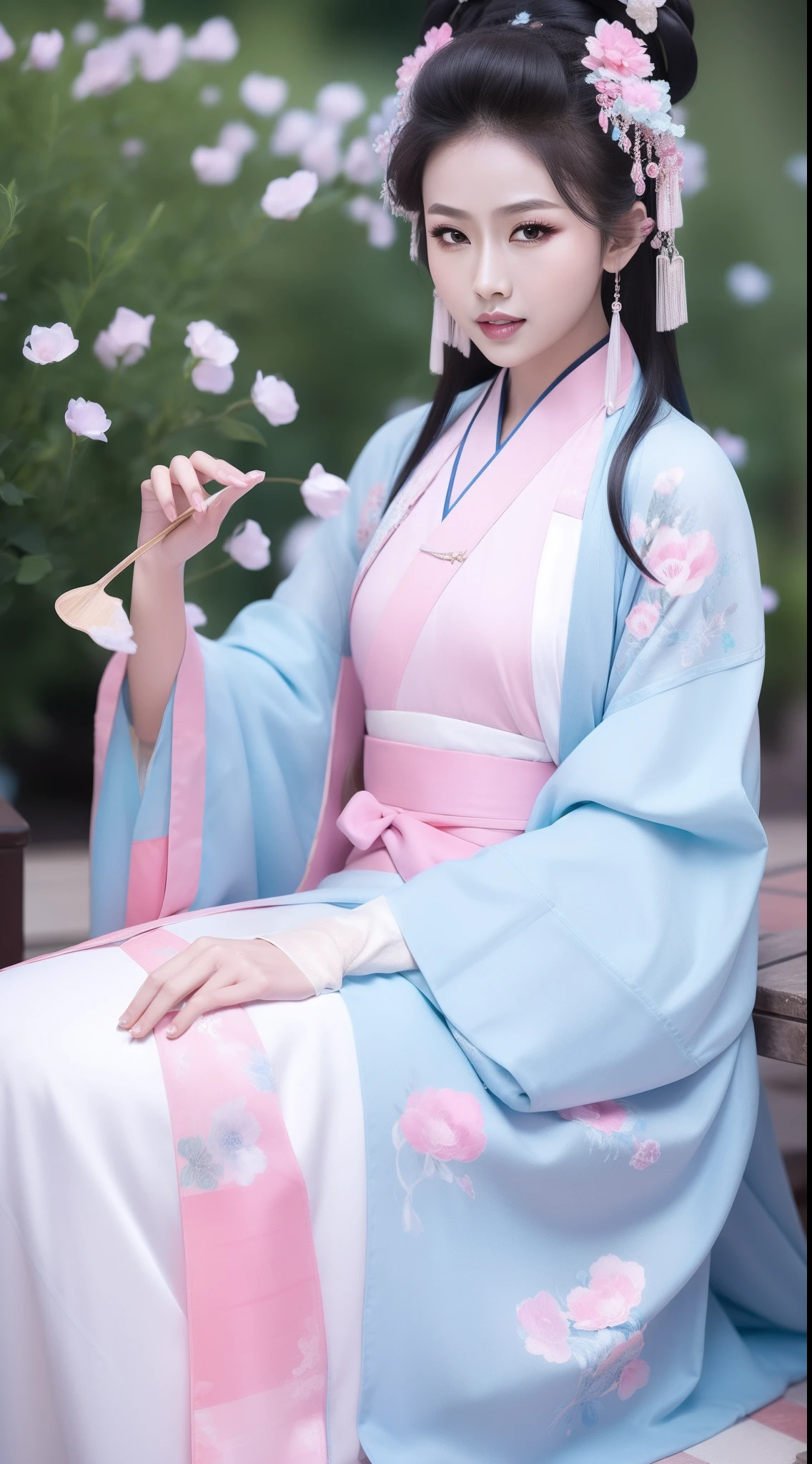 Ancient Chinese clothing，white apparel，The costume is a pink floral pattern，ancient china art style，Fashion model 18 years old [[[[closeup cleavage]]]], [[[[boobgasm]]]], [[[[coll]]]], [[[[bshoulders]]]], perfect  eyes, Perfect iris，Perfect lips，perfect teeth，Perfect skin，with fair skin，Soft front light，hdr，Movie girl，long whitr hair，The expression was melancholy，The background is outdoors，Light blue flowers，4K Ultra HD, 超高分辨率, (Photorealistic: 1.4), Best quality，Masterpiece，Utra dilution，（pastel colour：1.2）