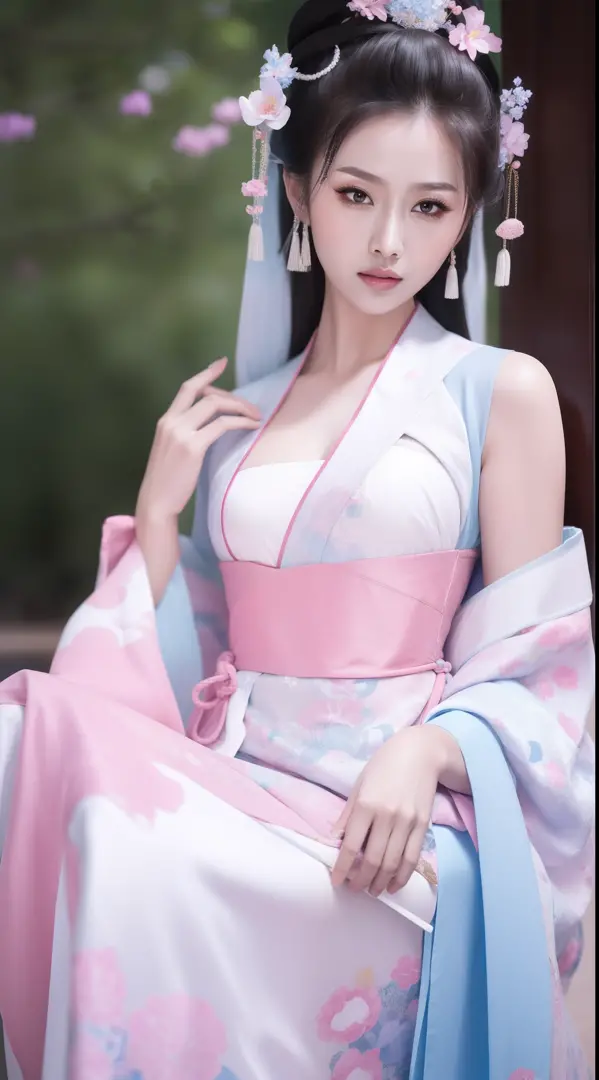 ancient chinese clothing，white apparel，the costume is a pink floral pattern，ancient china art style，fashion model 18 years old [...