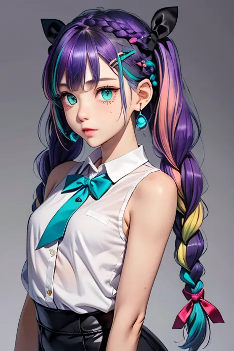 1girl, solo, upper body, dynamic pose, (twintail), bangs, twin braids, multicolored hair, multiple braids, (purple hair), collar...