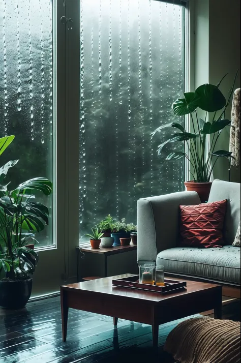 Mid-century modern living room dimly lit, outside is dark rainy nights, (foggy rainy nights: 1.2), Pacific Northwest, (dim lights: 1.4), (moody lights: 1.2), plants, large plants, rainy days, monstera, many plants, (foggy windows: 1.2), masterpiece, best q...