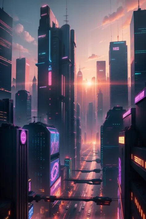 a wide shot of a futuristic city street metropolis day, sunset, cyberpunk, neon lights