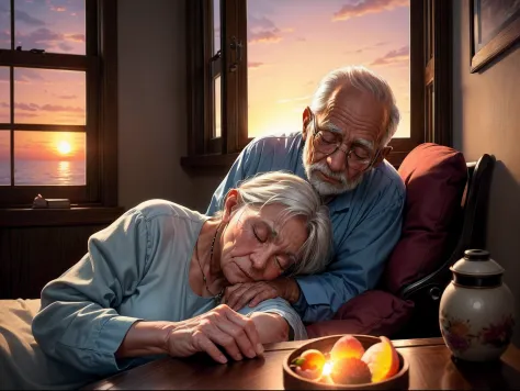 Old couple, (One old man sleeping in bed:1.4), (Sit on a chair next to the bed、Elderly woman taking care:1.3), (Sunset from the ...