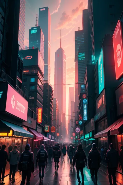 street level shot of a busy futuristic city street metropolis day, sunset, cyberpunk, neon lights