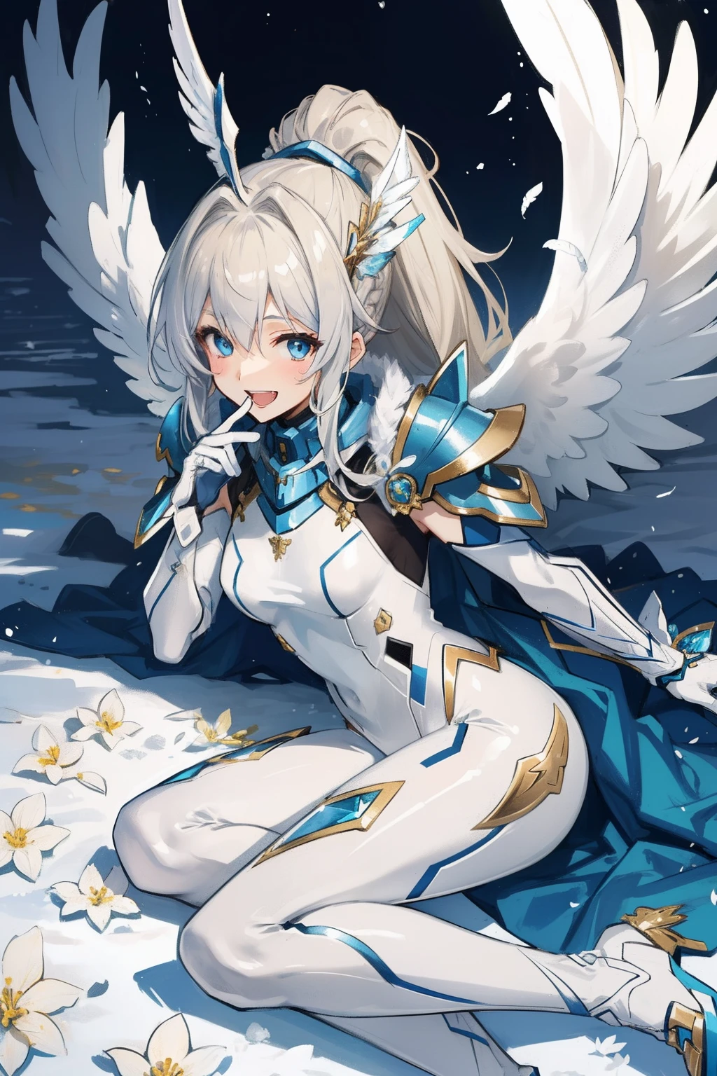 (​master piece, Best Quality),  Intricate details, valkyrie, kawaii, Happy, (((Laugh))), Villainous smile, Hand up, Looking at Viewer, Feather Headgear, white Balance, Lying down on flowermeadow,  
1 girl in, Solo, Portrait, high ponytail, Plutinum Blonde Hair, drooping iceblue eyes, Silver Single Thigh, White Independent Single Sleeve, gloves, Single braid, 
 mecha musume, White bodysuit, Silver Reinforced Suit, (((magic angel Wings))), silver pantyhose, full armor, flower decoration, equip sword,