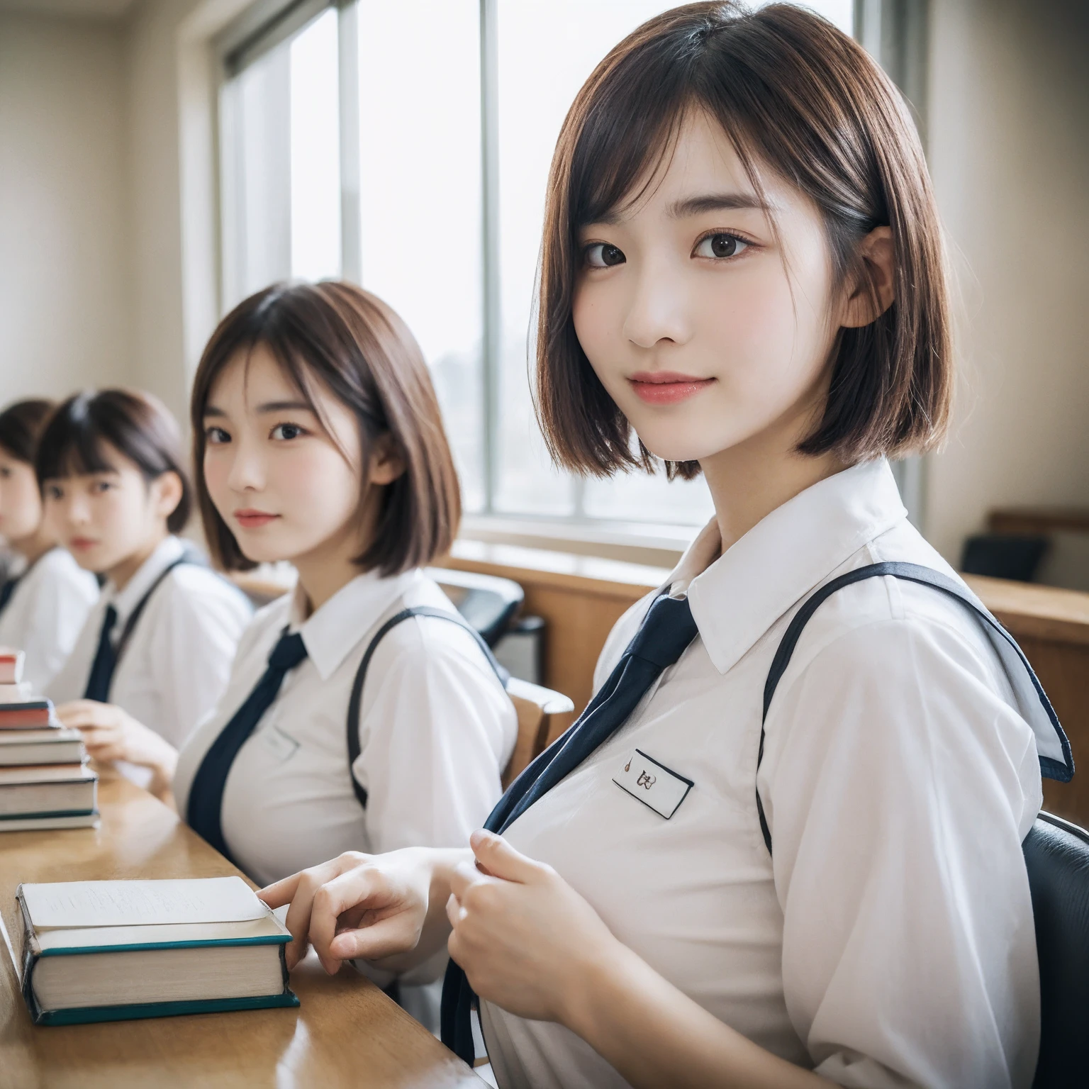 ((layered haircuts、Colossal tits:1.2)),（8K，highest  quality），full body shot shot，Watching from a distance，Distant shots，School Classroom，looking at book，In class，校服，pupils，High school student uniform，Full body photography:1.9，Android， adolable， ssmile， Thin face， short detailed hair， 32K, tmasterpiece， Best picture quality，超A high resolution，Perfect hands，Looking_at_peeping at the viewer，