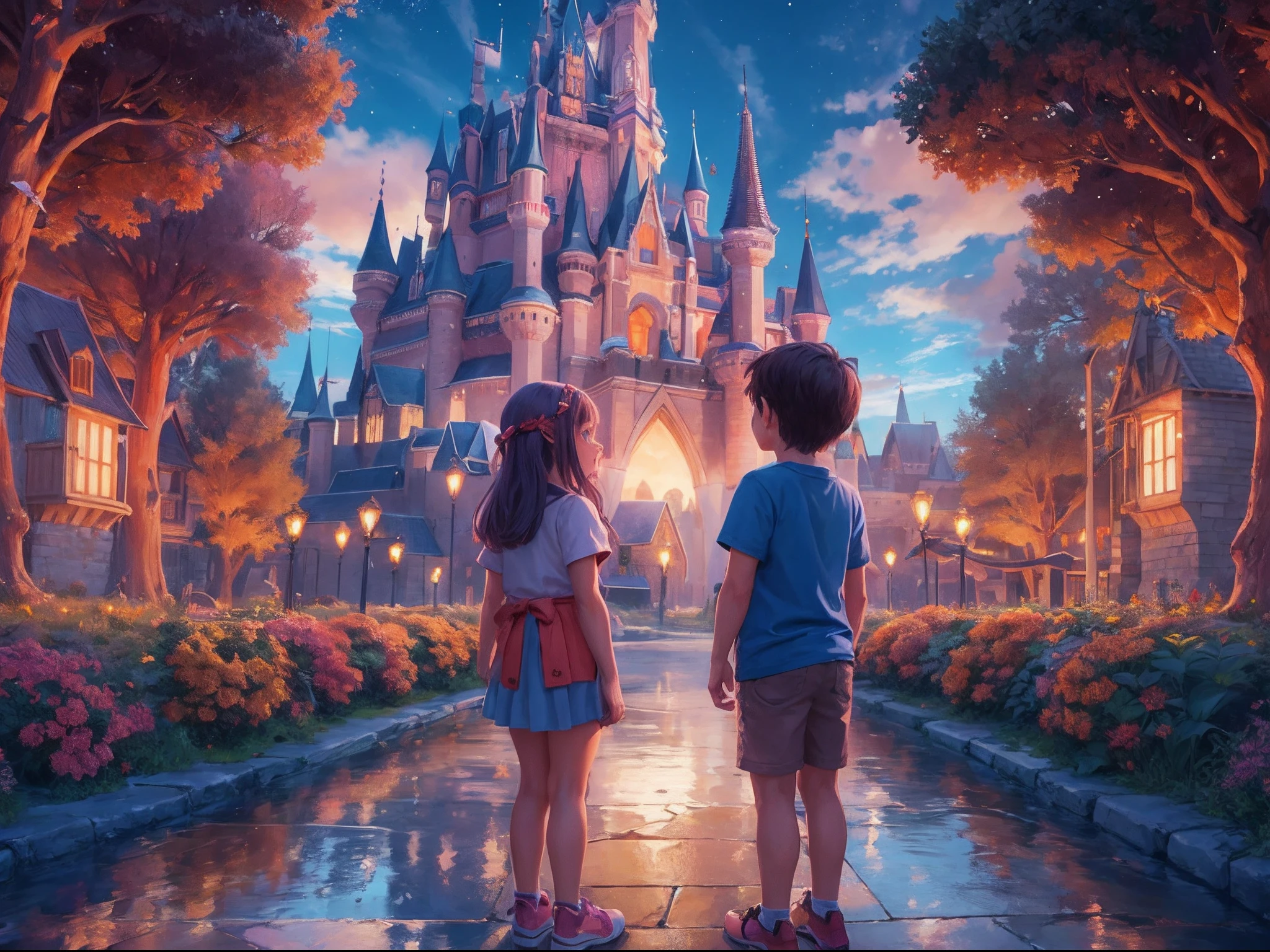Boy and girl staring at the huge dream castle of Twilight Prism,scenery,detailed background,amazing detailed,3D Render, realisitic,