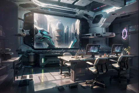 there is a room with a desk and a monitor in it, star citizen concept art, 8 k high detail concept art, futuristic laboratory, f...