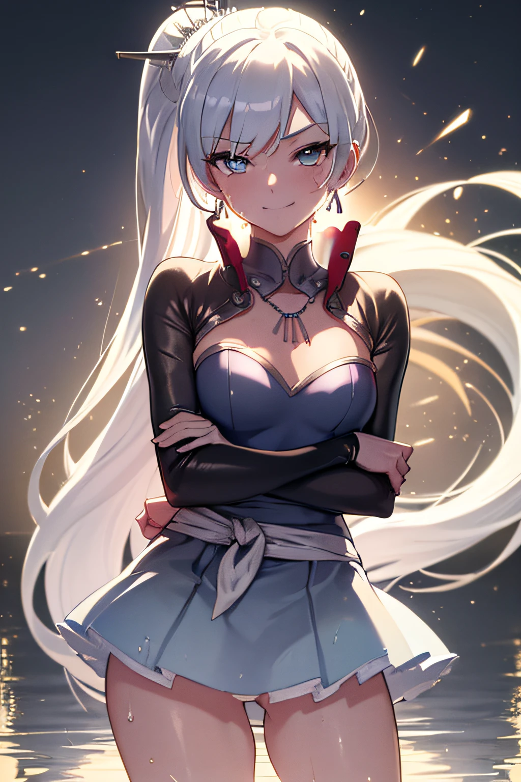 (Masterpiece, Best Quality:1.2), Cowboy shot, solo, 1girl, white colored hair, Vaisvale, smile, closed mouth, looking a viewer, crossed arms, pony tail, scar across eye, white leotard, Jewelry, necklace, earrings, small-breasts, slim thighs, Spacer frame, steam, (Shards of ice, sex), glistering slap, wet, the sweat,