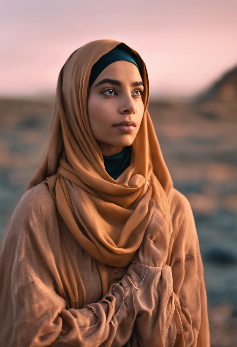 (a beautiful 20-year-old woman wearing a hijab, confident expression, bright eyes)