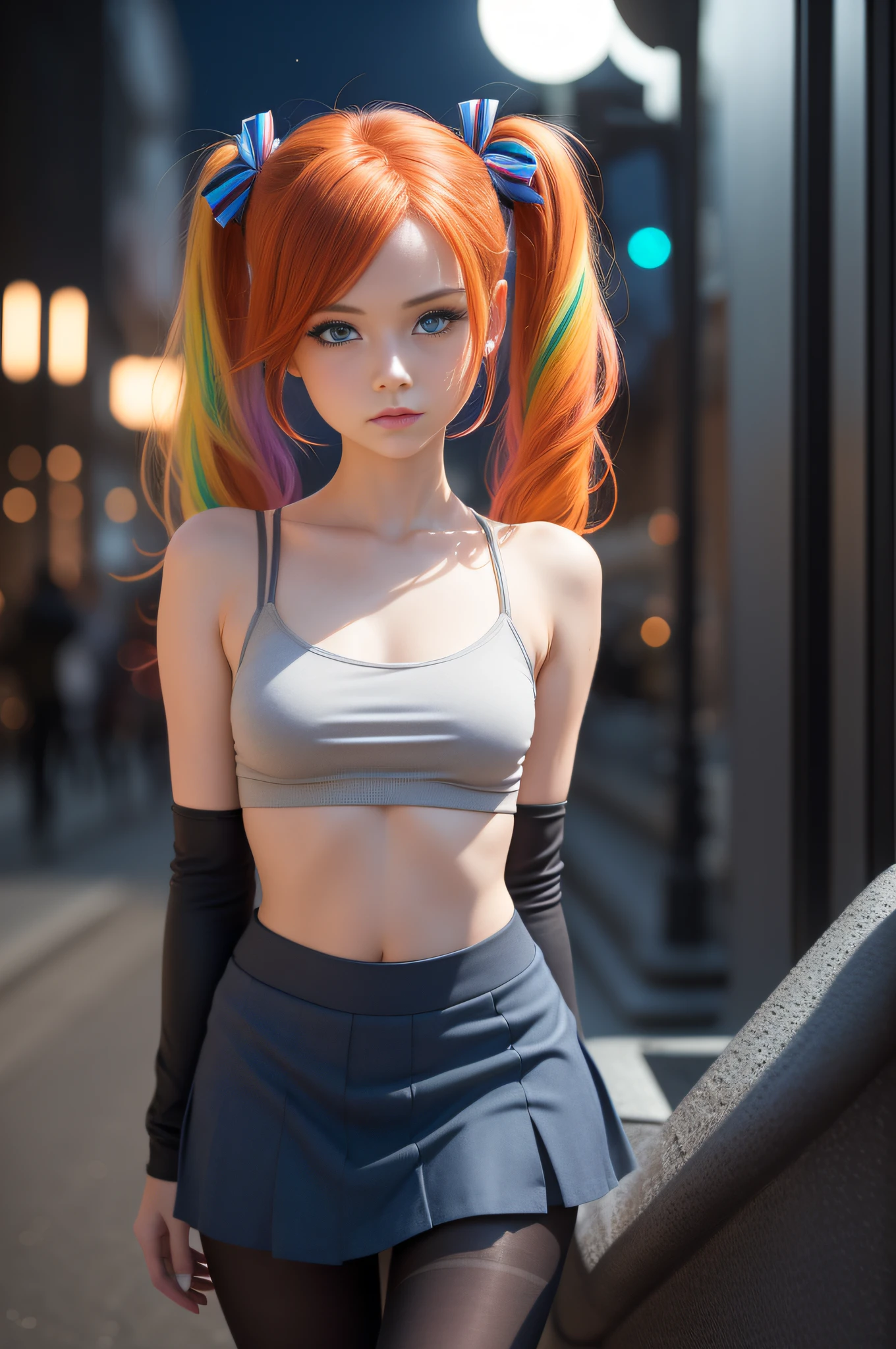 1 girl, solo, (nsfw), cute redhead 18-year-old girl in twin tails, ((perfect female body)), (cute face make up), multiple (rainbow colored hair: 1.2), (beautiful detailed blue eyes: 1.6), (photo realistic eyes: 1.6), happy, Ukrainian, (petite body), ((small hips)), pale white skin, (mini skirt and tube top), (matte pantyhose: 1.6), ("blade runner" style background}, (night time), photo realistic.