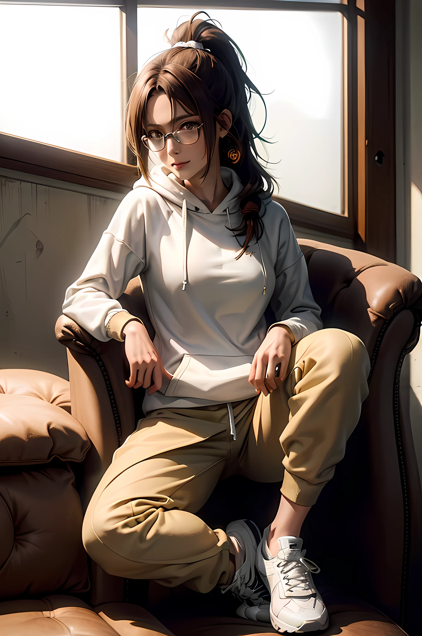 hange from the anime Shingeki no Kyojin, wearing glasses, shoulder length hair, brown hair, ponytail, beautiful woman, beautiful, perfect body, perfect breasts, wearing a white Adidas hoodie, black jogger pants, wearing white Nike Jordan shoes, at the gym, barbell, looking at the viewer, small smile, realism, masterpiece, textured skin, super detail, high detail, high quality, best quality, 1080p, 16k