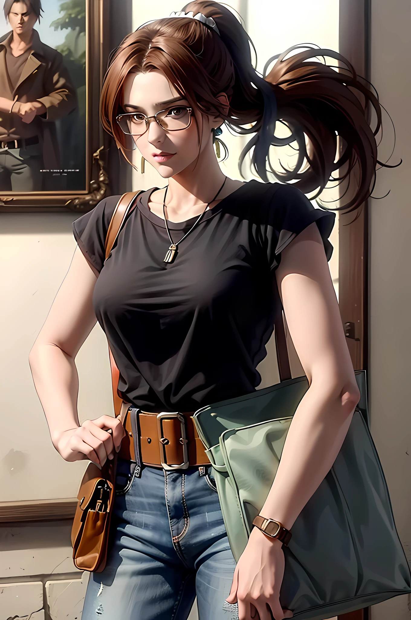 hange from the anime Shingeki no Kyojin, wearing glasses, shoulder length hair, brown hair, ponytail, ponytail, beautiful, beautiful woman, perfect body, perfect breasts, wearing an oversized brown t-shirt, short jeans, wearing a handbag, watch, wearing earrings earrings , cozy shop there , department store , ponytail , looking at the viewer , slight smile , realism , masterpiece , textured leather , super detailed , high detail , high quality , best quality , 1080p , 16k