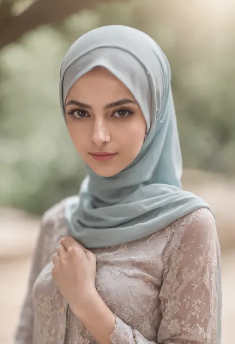 (a beautiful 20-year-old woman wearing a hijab, confident expression ...