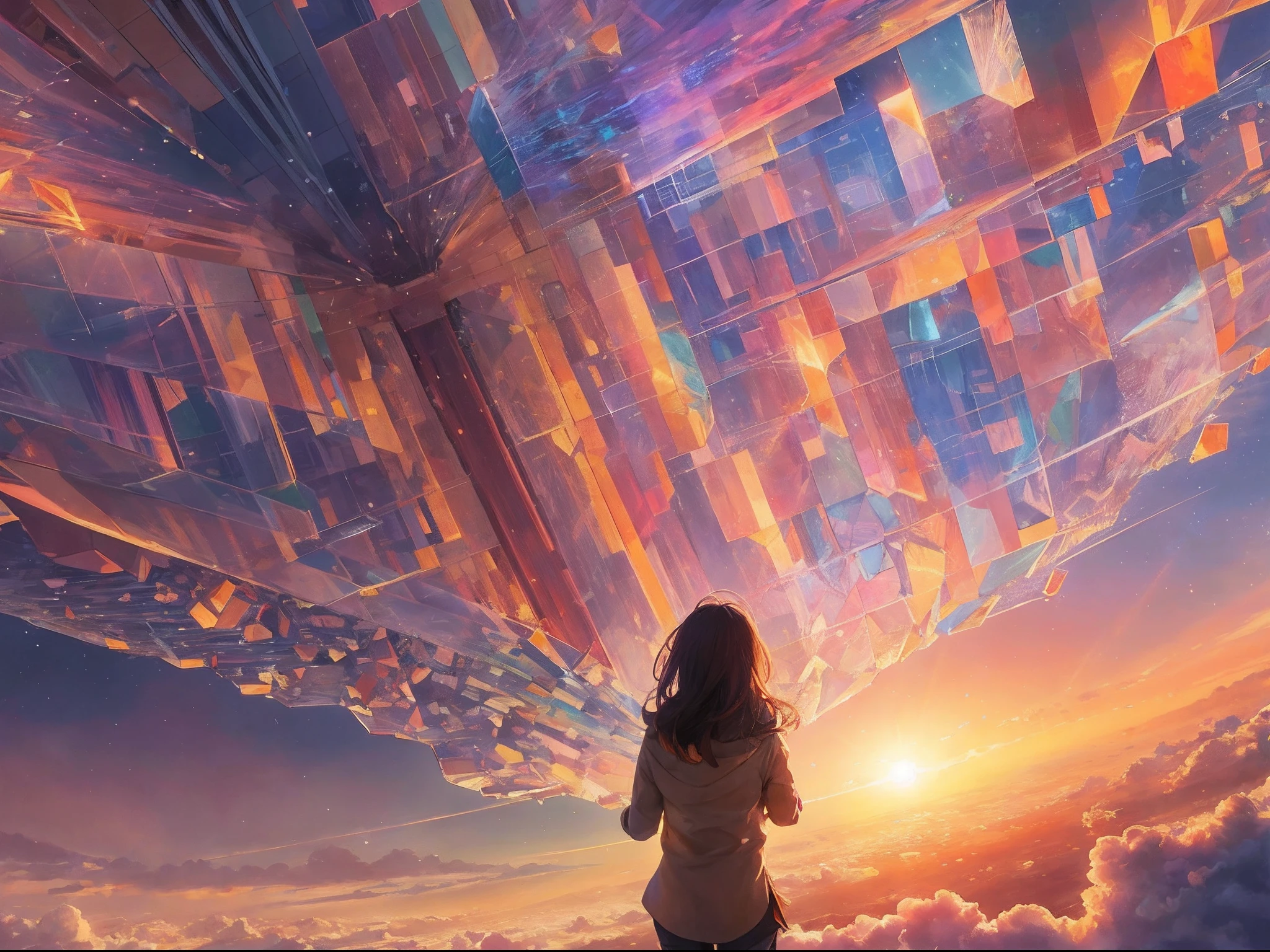 A girl flying through the sky is captivated by the sprawling sunset landscape below. Through a giant crystalline structure suspended in the air, she gazes at the rainbow-hued light. Her figure appears distorted by the fisheye lens effect, yet this only adds to the cinematic atmosphere. While she's able to freely soar through the sky, in this moment, she's mesmerized by the beauty of the crystalline structure.