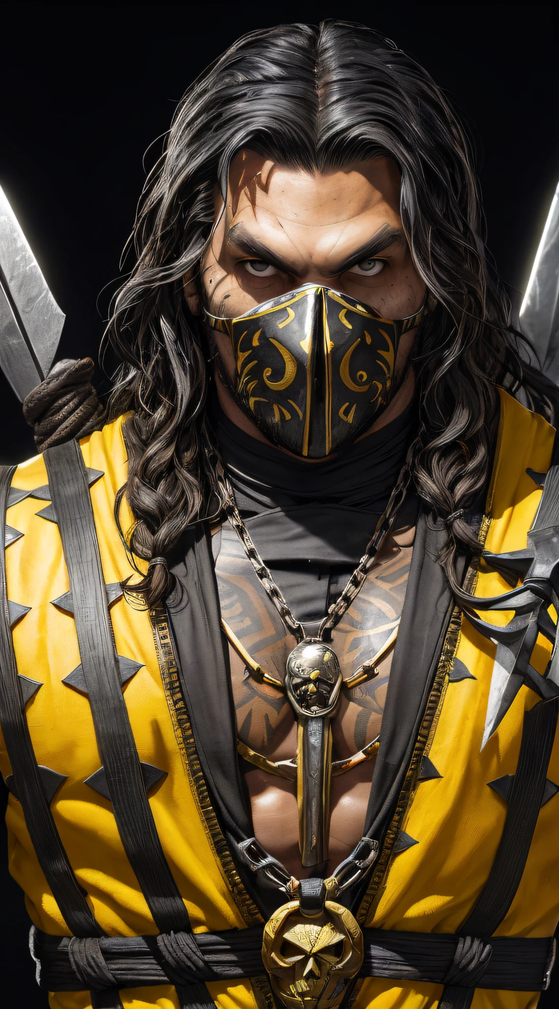 a photo of ((Jason Momoa)) as ((Scorpion)) from Mortal Kombat, yellow and black ninja outfit, (skull-like mask), kunai on a chain, Intricate, High Detail, Sharp focus, dramatic, photorealistic painting art by greg rutkowski