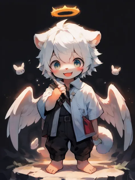 Shota，White color hair ，male people，Q version，（toddlers，baby）， adolable， standing on your feet， Master masterpieces， A high resolution，8K，detailedbackground，high high quality，Libido boy，（（（独奏））），(Angel wings，angelic halo，White clothes，The barefoot：0.6)，loo...