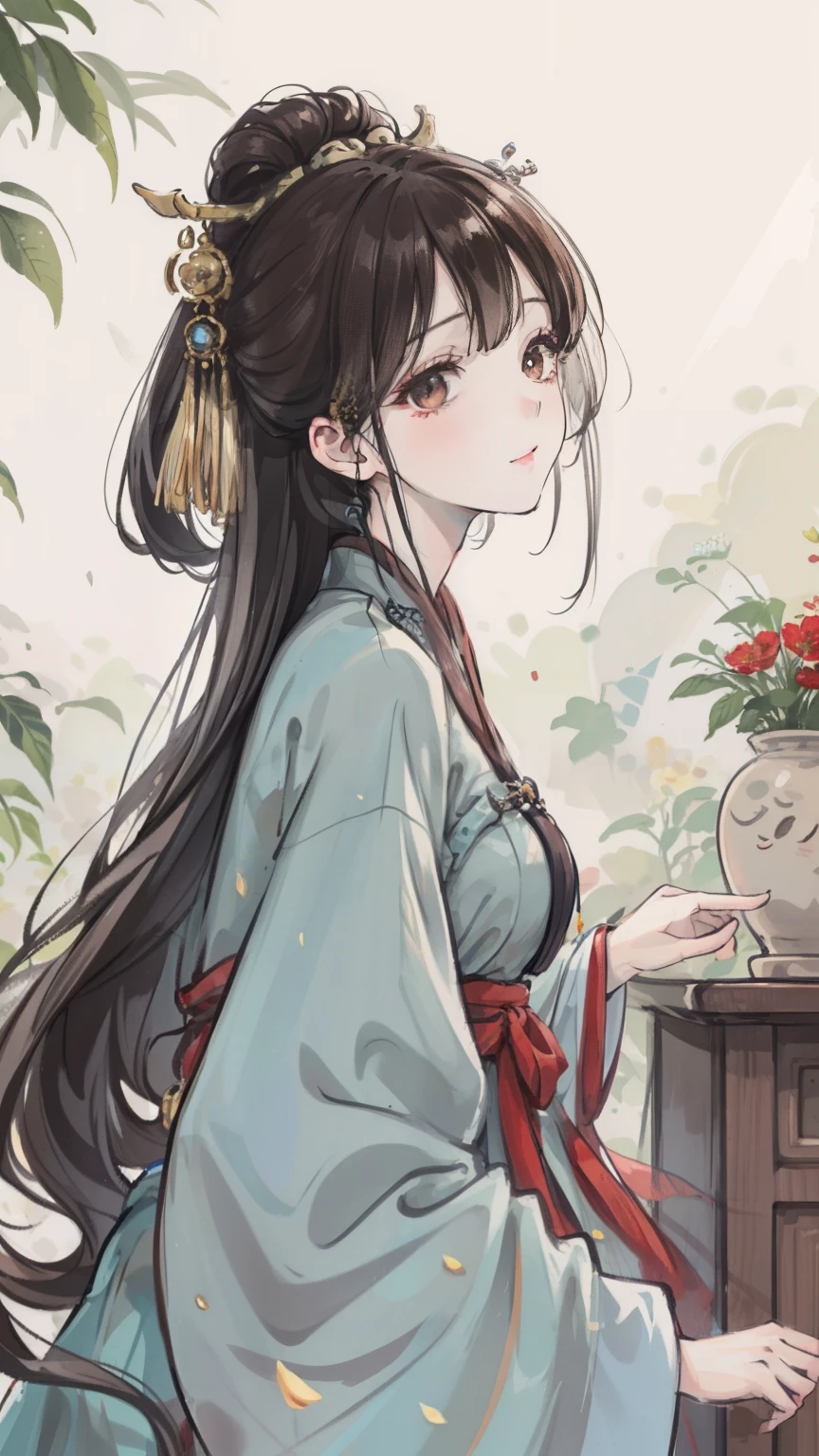 "the Extremely Detailed CG Unity 8K Wallpapers，tmasterpiece，Best picture quality，【😊Colored Forest，depth of fields，A large number of splashed droplets:1.2，petals，Toys surround，ventania，Foliage，grassy fields，volumettic light】brunette color hair，chineseidol，Be red in the face，Hanfu，ssmile，Half of your body is in water，Chinese style Hanfu，Air bangs，