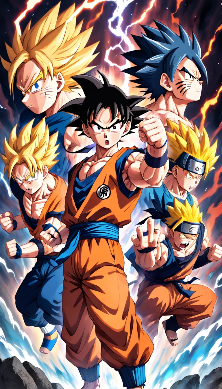 "Goku, Naruto, Vegeta, Sasuke, Baki, Gohan, and Luffy in an epic crossover battle, showcasing their unique powers and fighting styles."