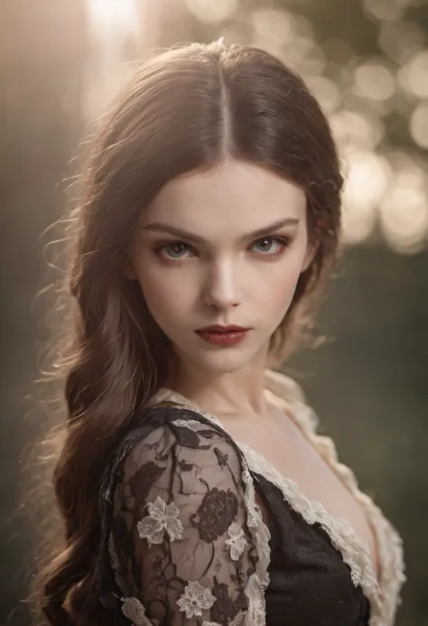 13 year old Western European vampire girl is a child model，Immature pointed face，Medium breast，Extremely thin low-cut lace top，The finest details，detailed skin textures，Photo shoot for professional fashion magazines