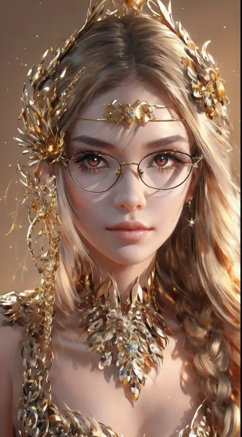 （Blonde 1。3 Lots of hair1。3 Delicate hair 1。2）,（Big red eyes+gold-wire glasses:1.2+Intellectual beauty:1.1),"Crystal face lines ...