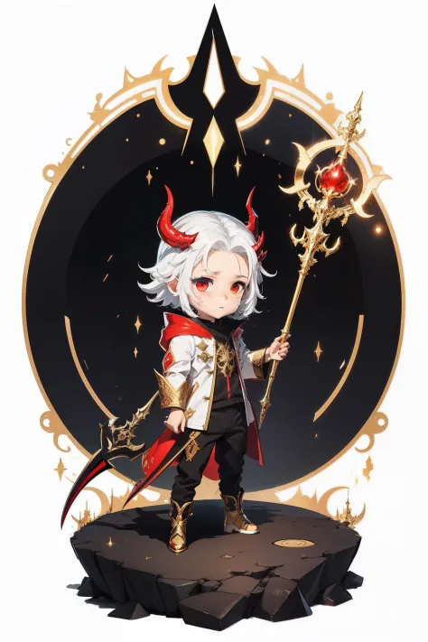 Man's,Chibi, full body Esbian, White background, Alien Devil, Light synthesizes the skin, staff-based weapons, Devilish appendages, Black,Red,gold,Clothes with detailed design,Boy, Pants Style