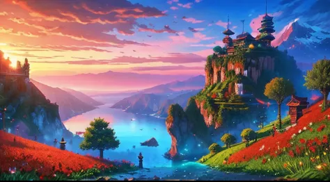 pixel game，scenography，fantastical scenes，a paradise，Red roses everywhere， Pixel art #pixelart