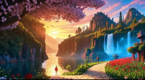 pixel game，scenography，fantastical scenes，a paradise，Red roses everywhere， Pixel art #pixelart