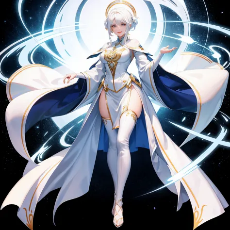 Altruistic banker woman, game character, (((full body))), power of prayer, full of kindness, smiling, white hair, 8K, masterpiece, white background, anime goddess, flowing white robe, beautiful celestial mage, goddess of wisdom, top quality, Floating in th...